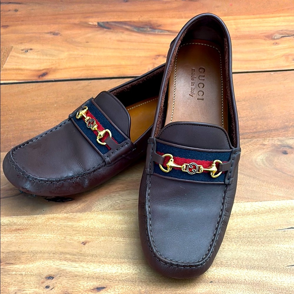 Gucci Brown and Gold Leather Loafers Slip-Ons